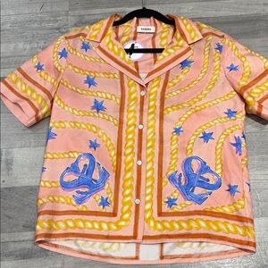 Sandro Peach Short-Sleeve Rope & Star Print Shirt with Blue Accents